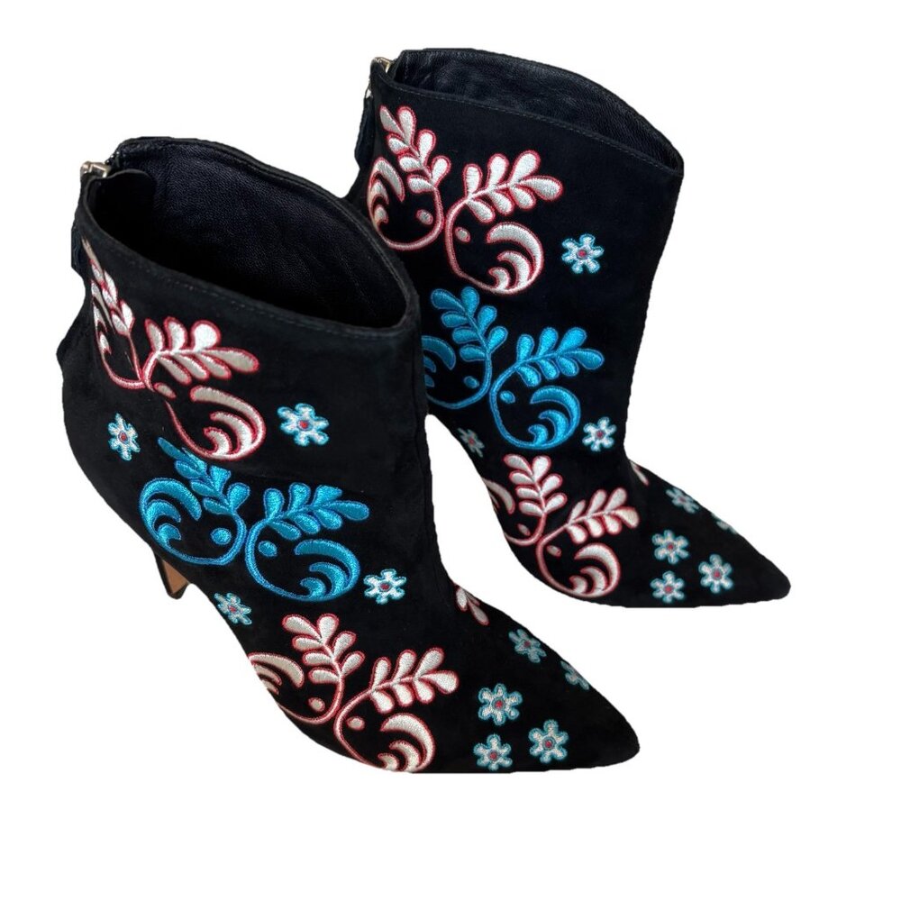 Isa Tapia Alandra Black Multicolor Embroider Floral Heel Booties Luxury 6 US 36